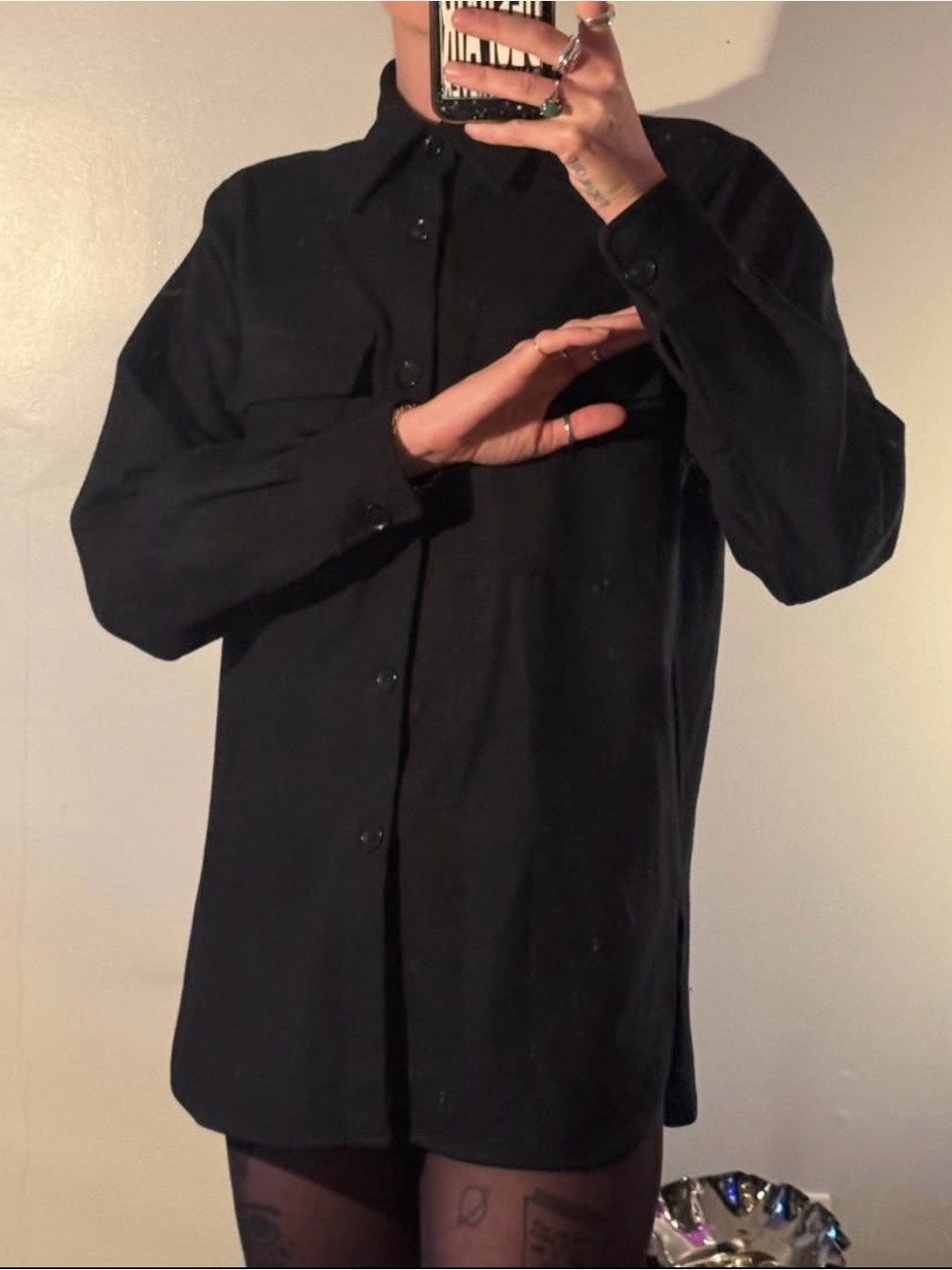 Auralee Black flannel button-Up Shirt with tailored fit, lined with silky cotton